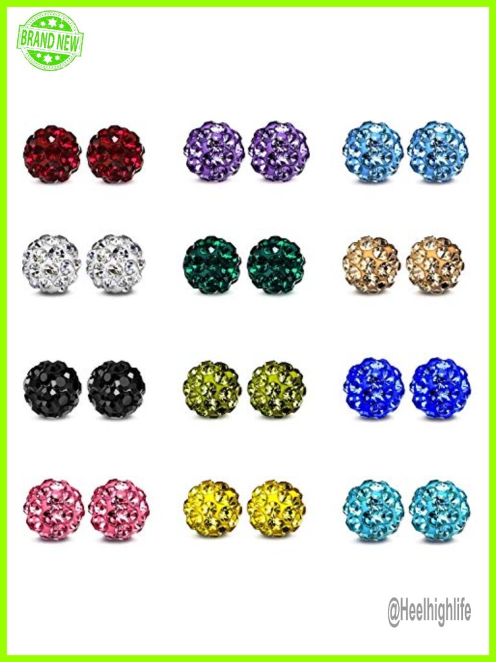 12 Pairs Rhinestone Crystal Ball Stud Earrings Set Stainless Steel